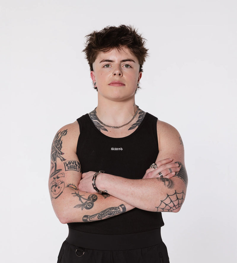 Model wearing the Ibiza rib tank, front view
