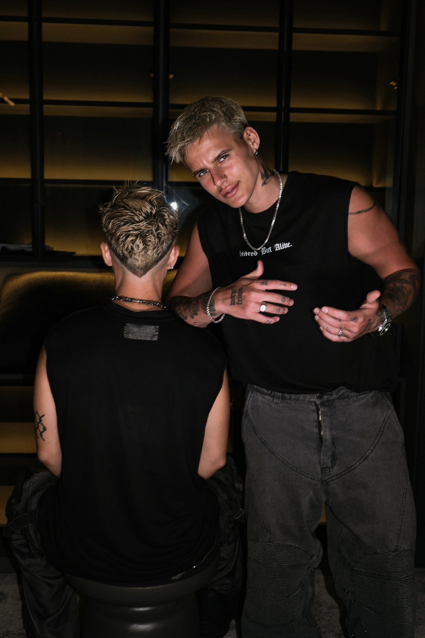 London Tank Black Out worn after hours by two models
