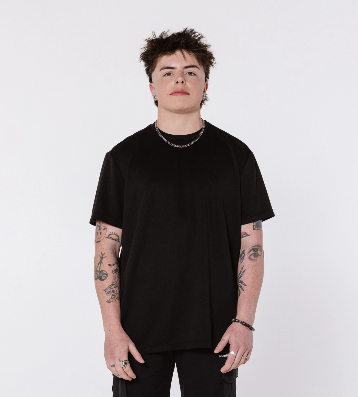 [Color: Black Out] Model wearing the Scared But Alive Bristol Tee