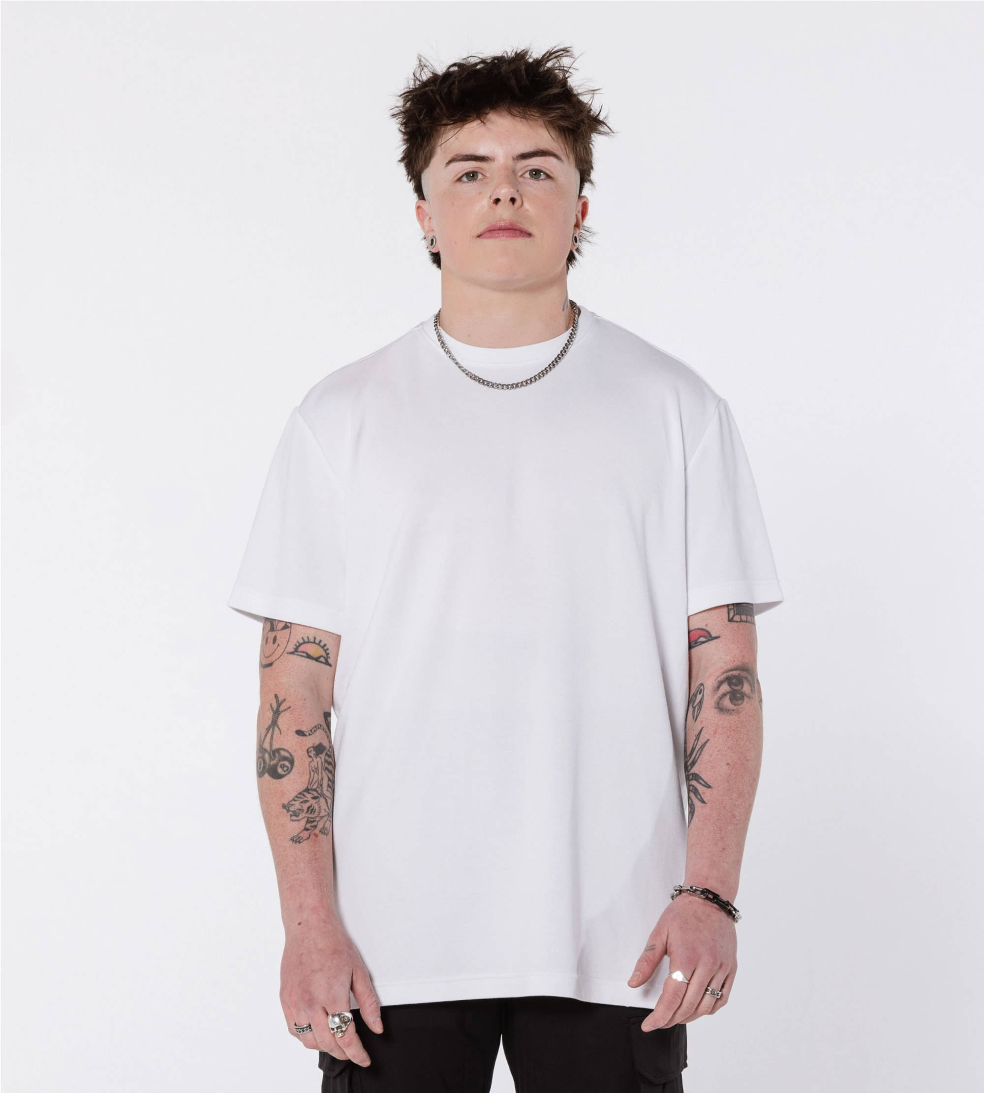 [Color: White Space] Model wearing Bristol Tee