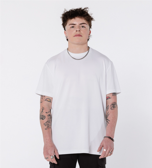 [Color: White Space] Model wearing Bristol Tee