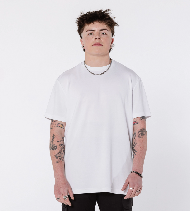 [Color: White Space] Model wearing Bristol Tee