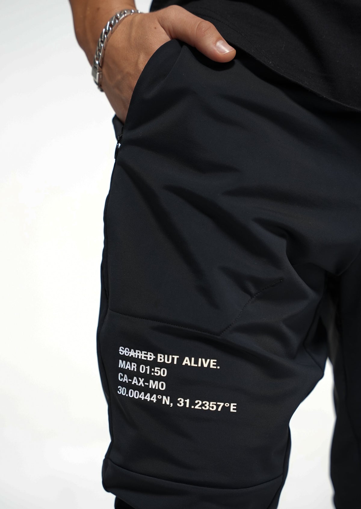 Tokyo Jogger - Closeup of front right thigh with hand in pocket