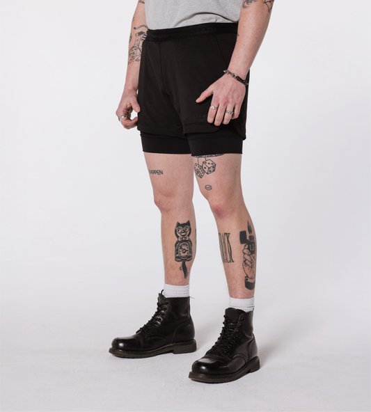 [Color: Black Out] an angled image of the model wearing the Hawaii Shorts
