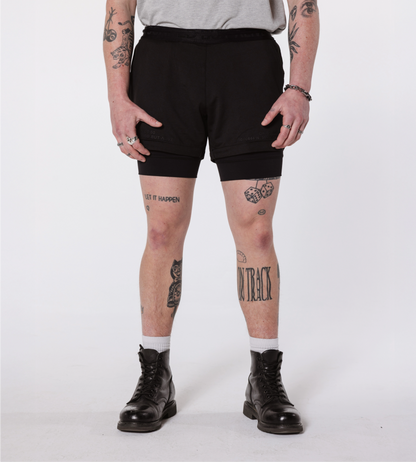 [Color: Black Out] Model wearing the Hawaii Shorts, showcasing the front details of the outfit.