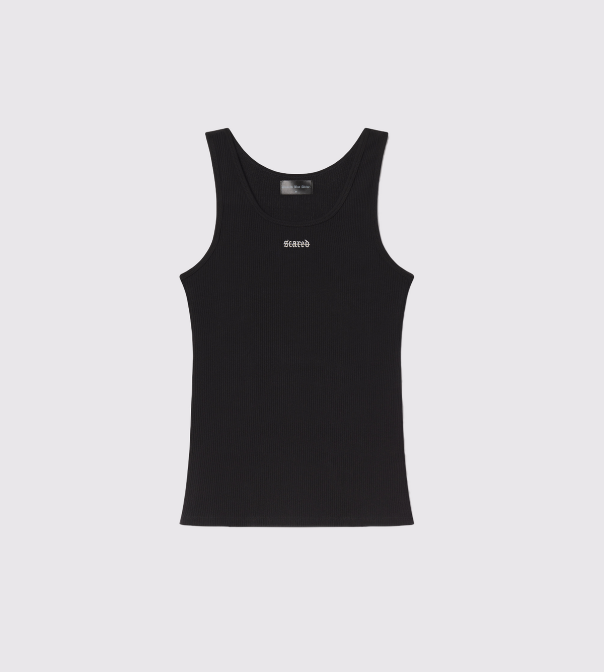 [Color: Black Out] A front view flat lay image of the Ibiza Rib Tank, showing the Scared But Alive logo