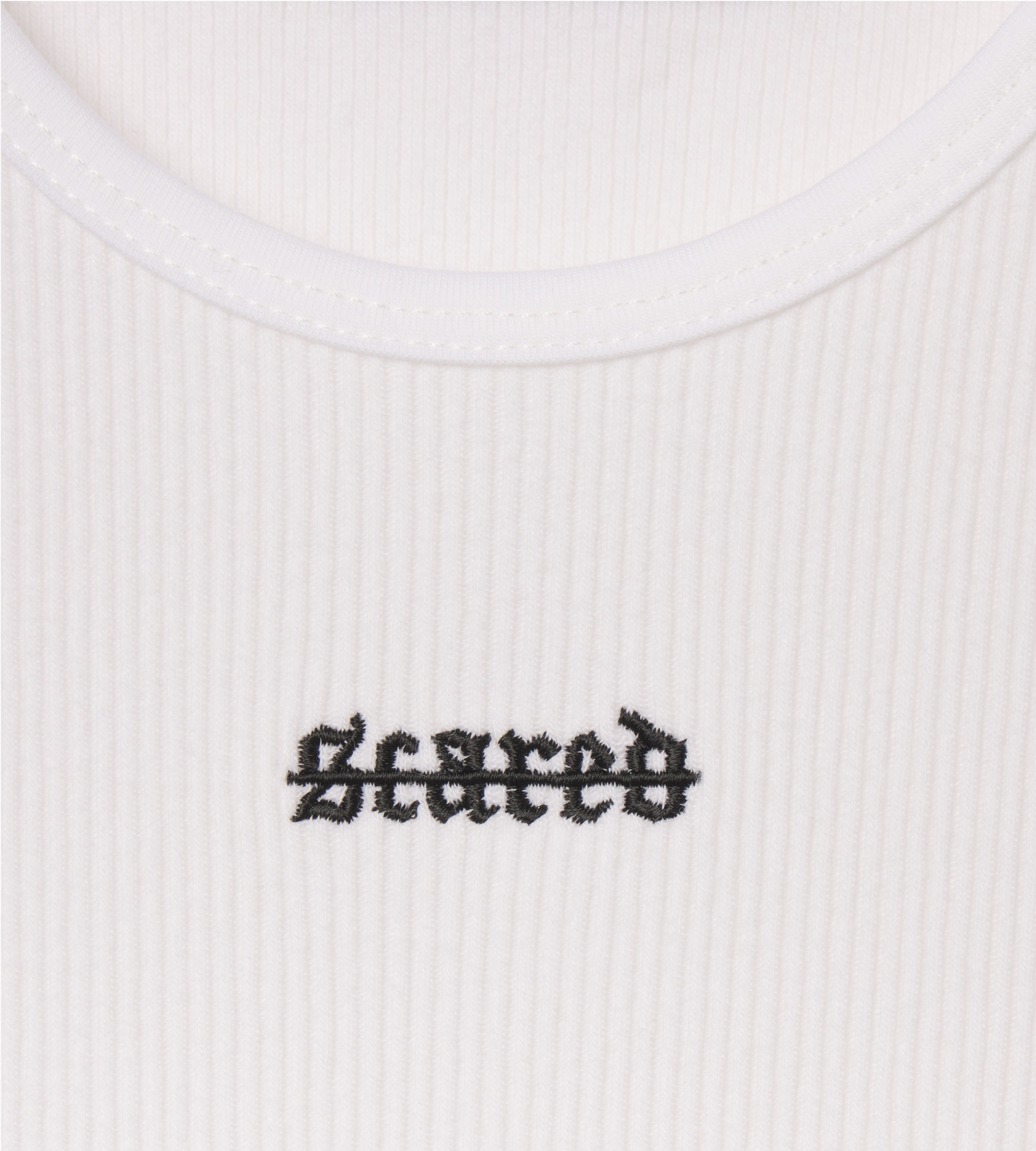 [Color: White Space] A flat lay image of the Ibiza Rib Tank, zoomed in on the logo print