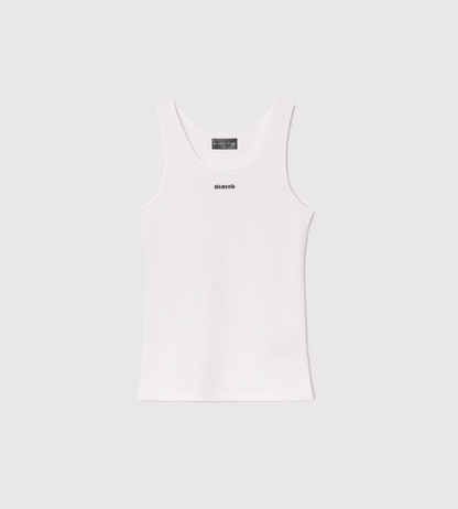 [Color: White Space] front view flat lay image of the Ibiza Rib Tank, showing the Scared But Alive logo