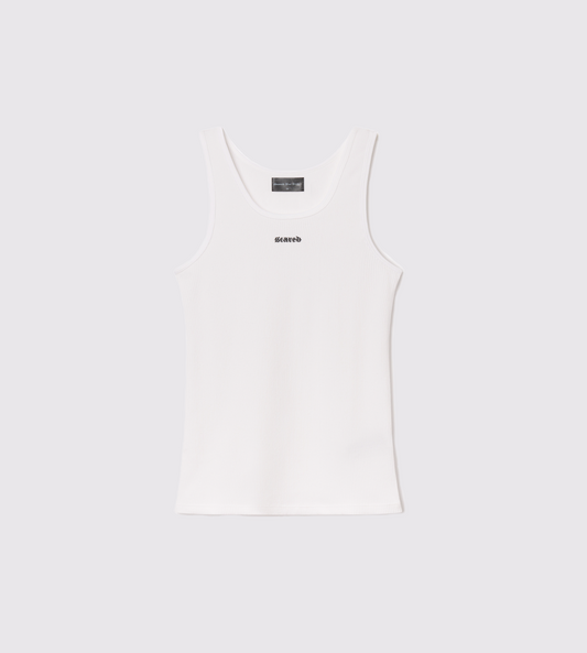 [Color: White Space] front view flat lay image of the Ibiza Rib Tank, showing the Scared But Alive logo
