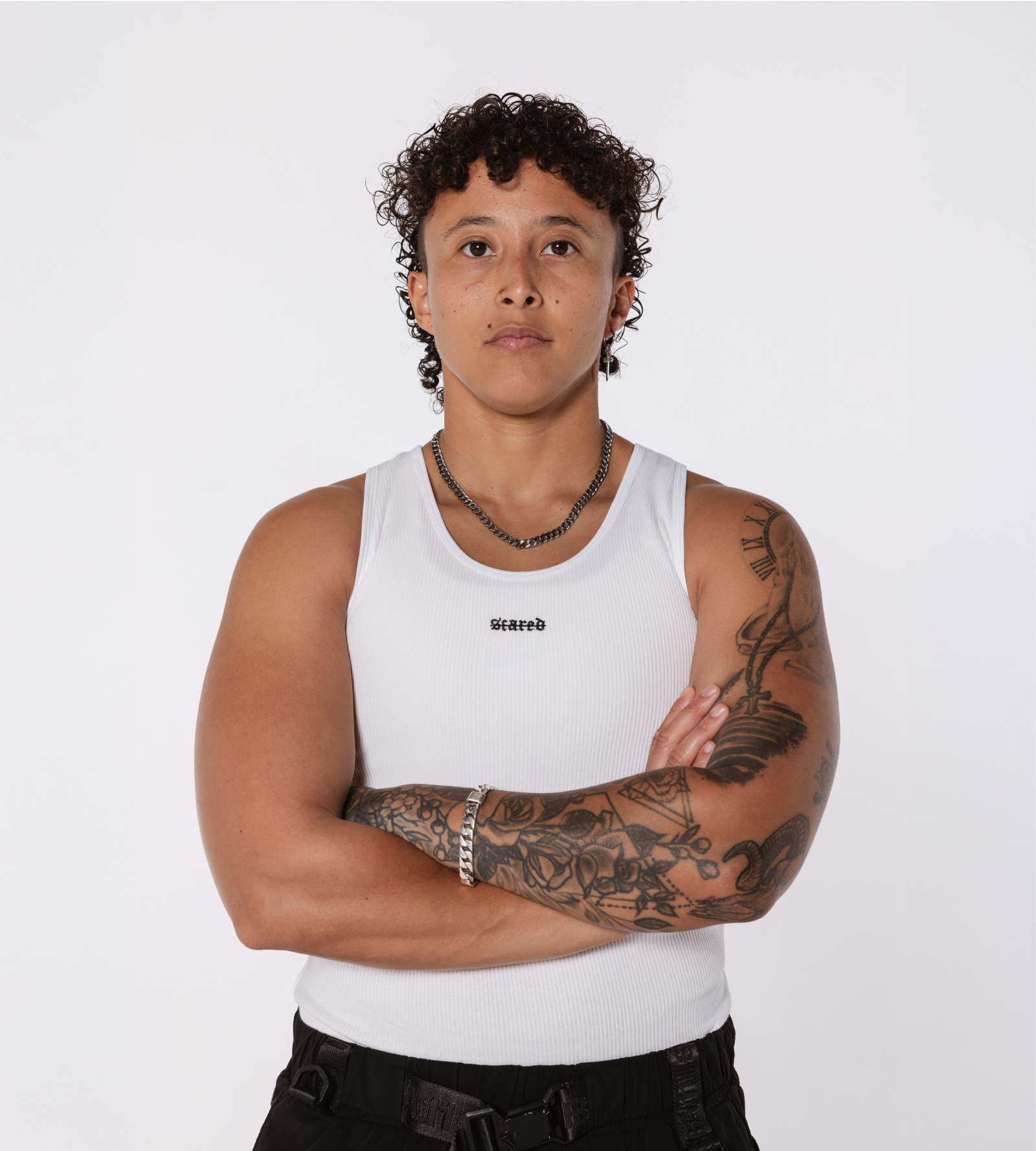 [Color: White Space] Model wearing the Ibiza rib tank and the Dubai jogger
