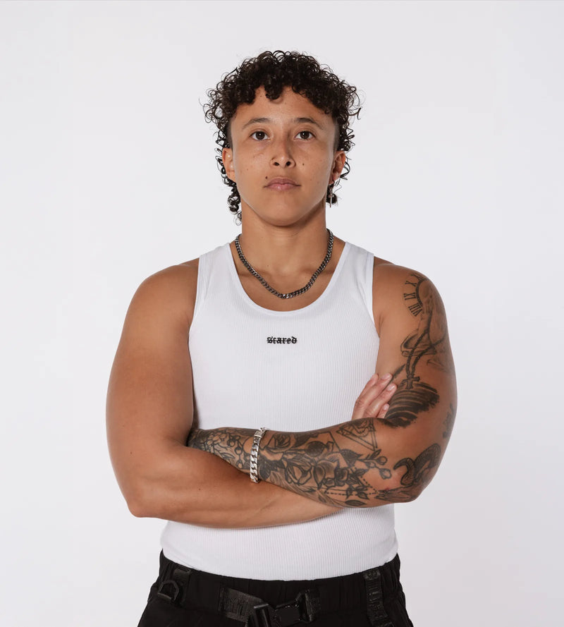 Model wearing the Ibiza rib tank, front view