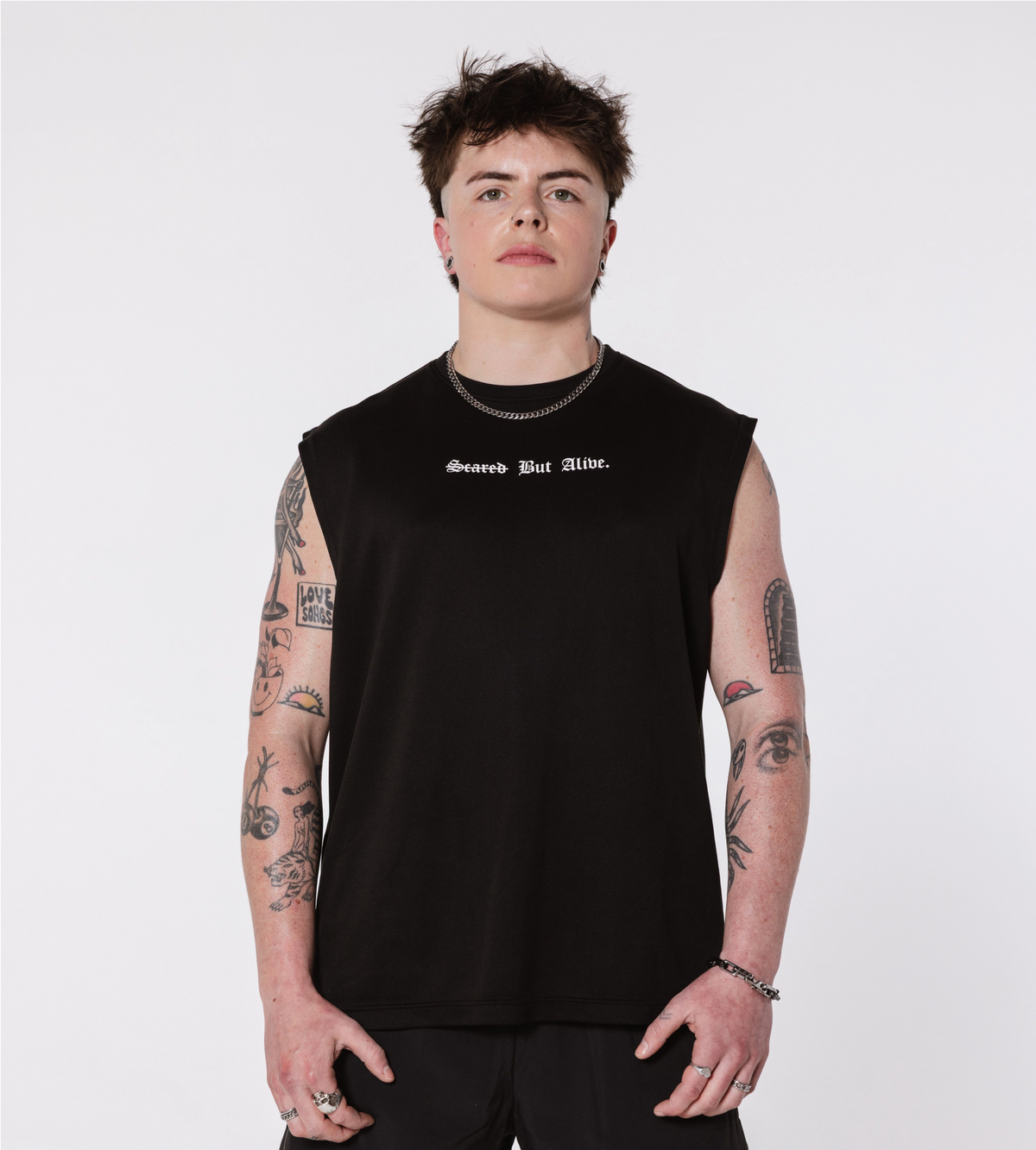 [Color: Black Out] Model wearing the London Tank, front view