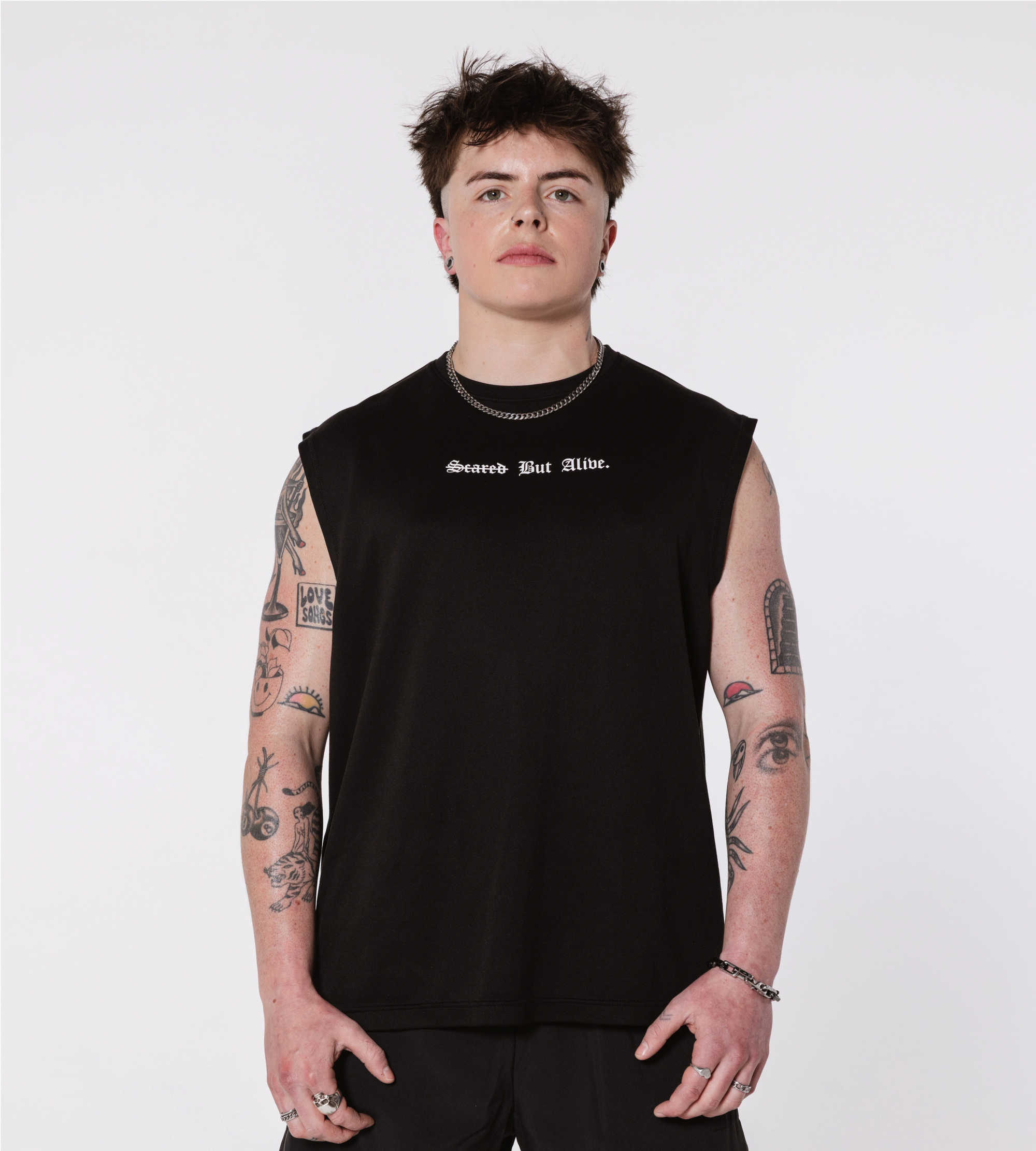 [Color: Black Out] Model wearing the London Tank, front view