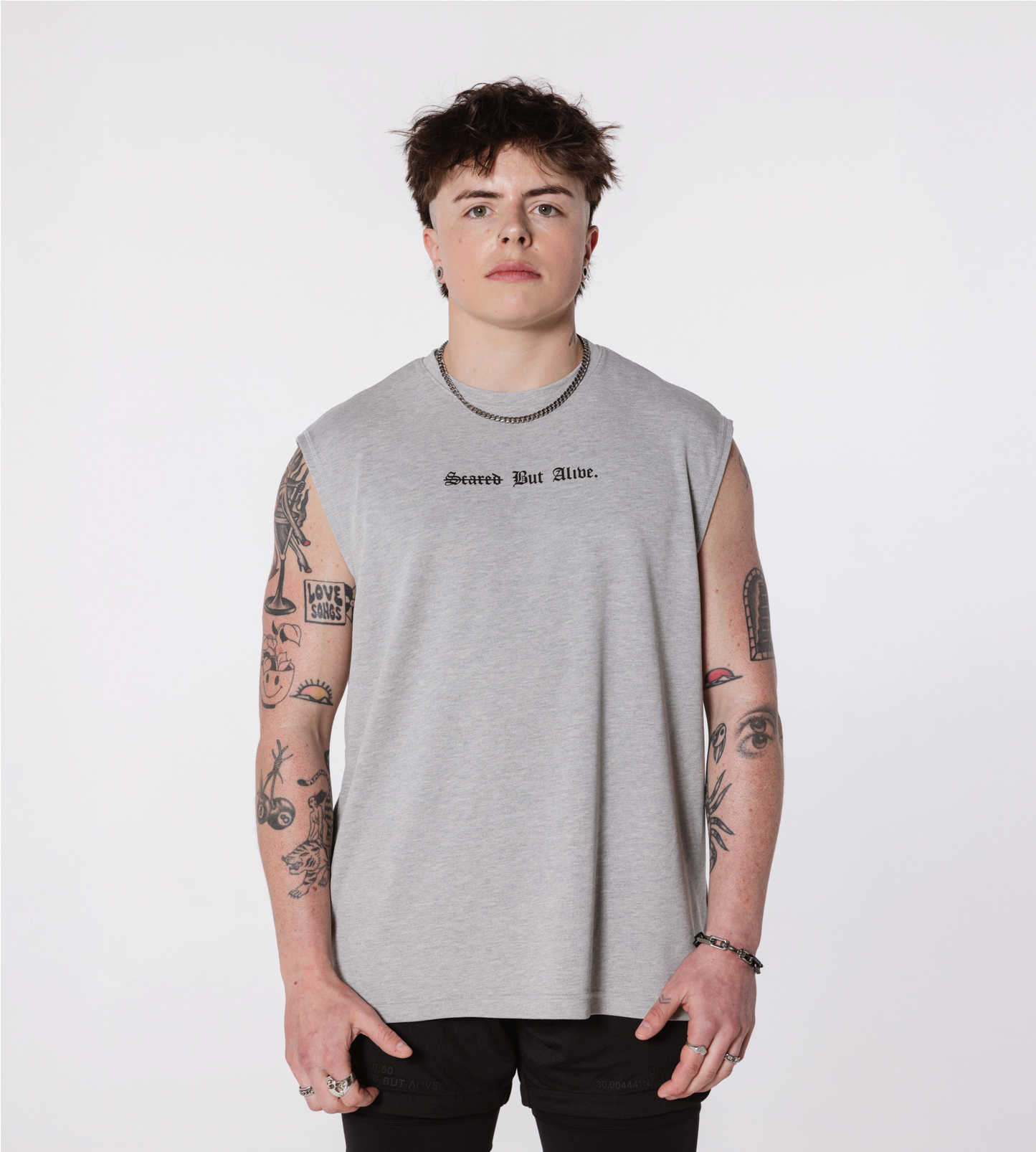 [Color: Shadow Heather] Model wearing the London Tank, front view