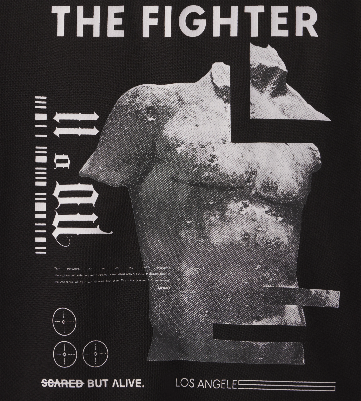 [Color: Black Out] a flat lay image of the Rome Fighter Tee, zoomed in on the design print details
