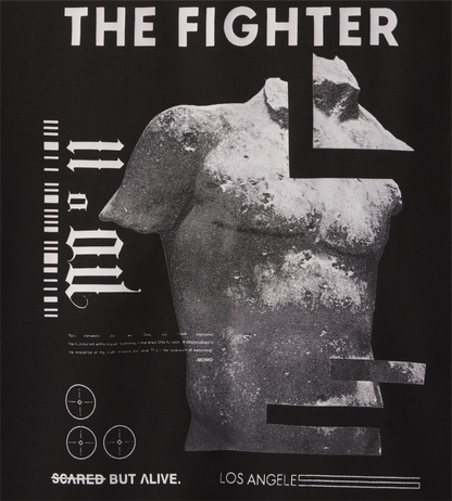 [Color: Black Out] a flat lay image of the Rome Fighter Tee, zoomed in on the design print details