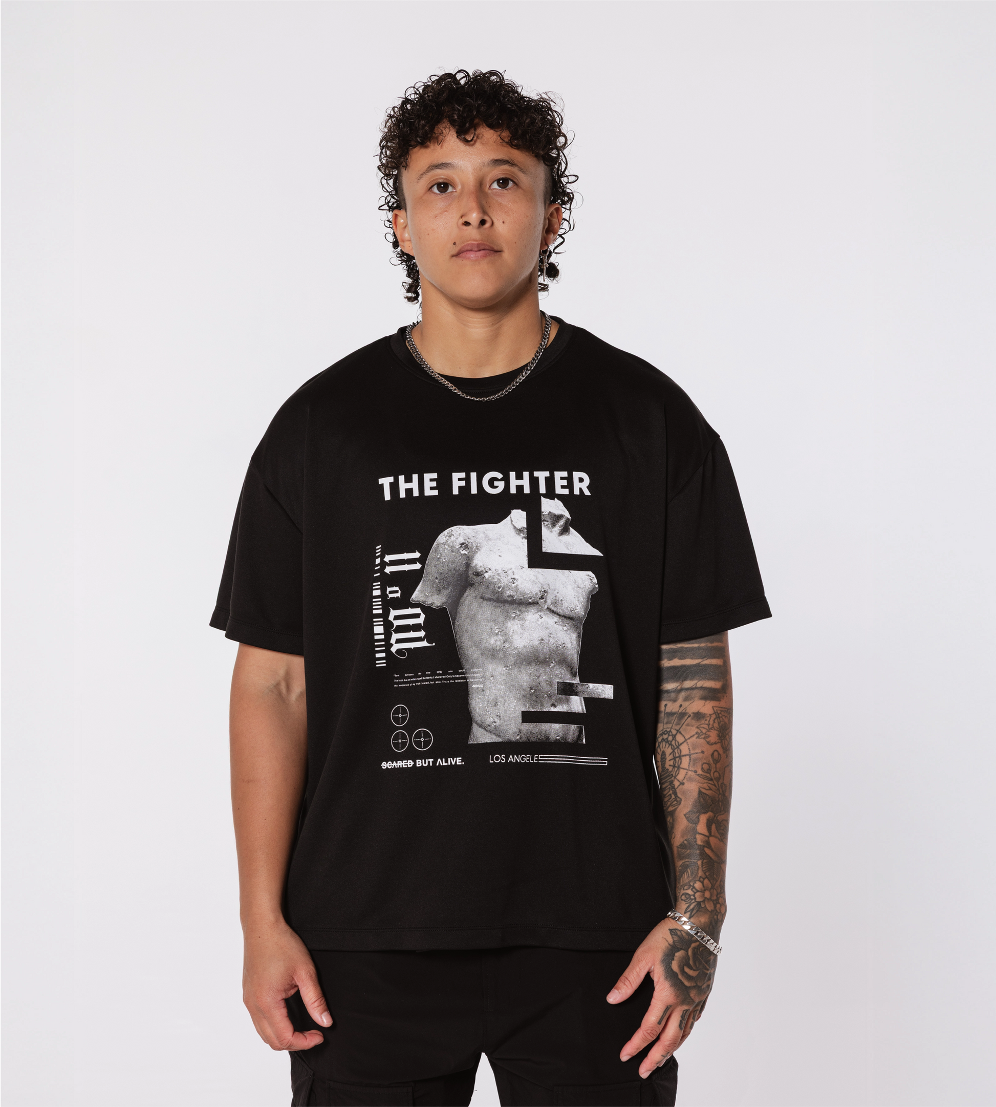[Color: Black Out] Model wearing the Rome Fighter Tee