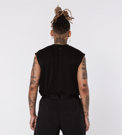 [Color: Black Out] Model wearing the Stockholm Tank, showcasing the back details