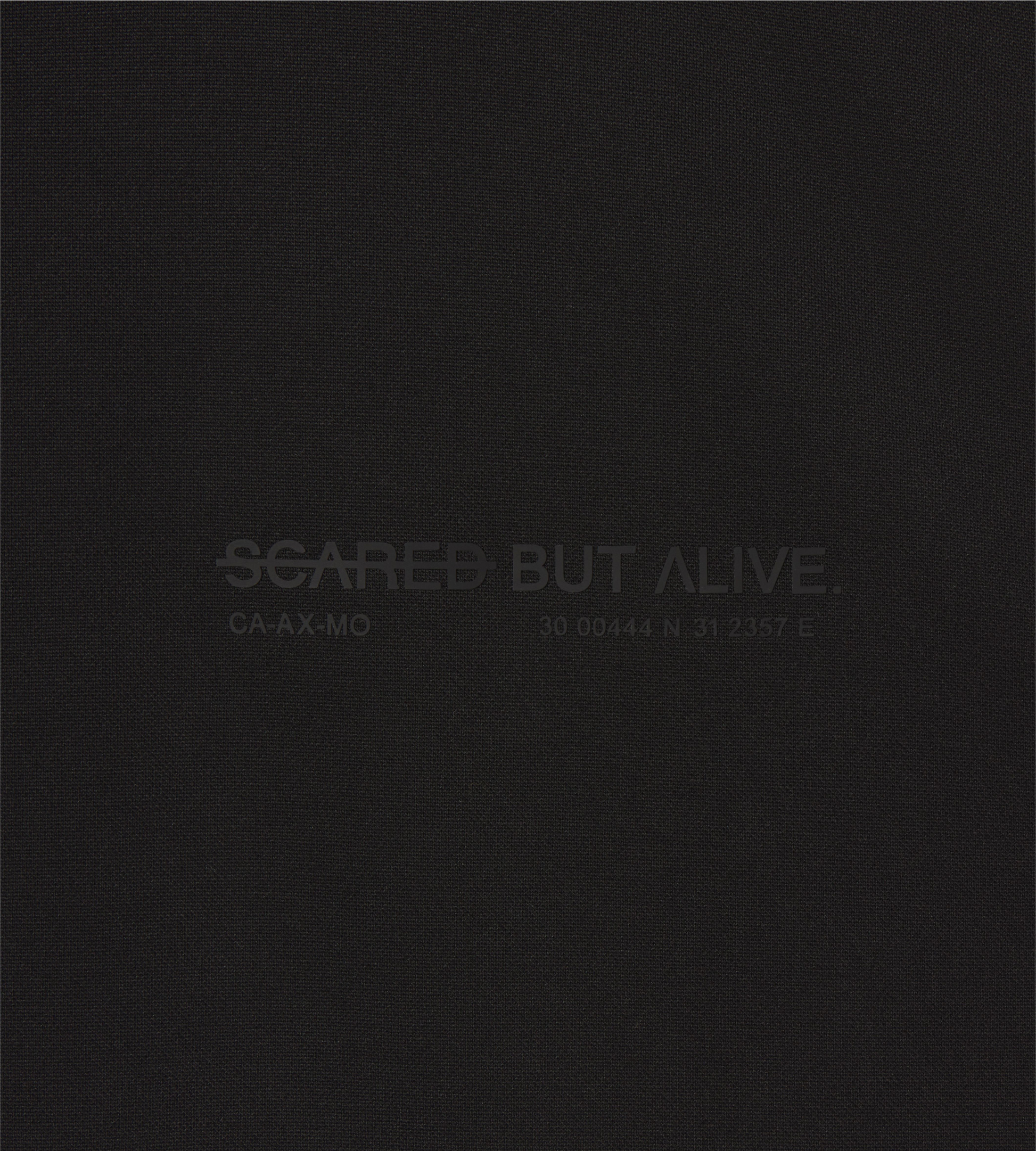 [Color: Black Out] a flat lay image of the Stockholm Tank, zoomed into the Scared But Alive loo print and details