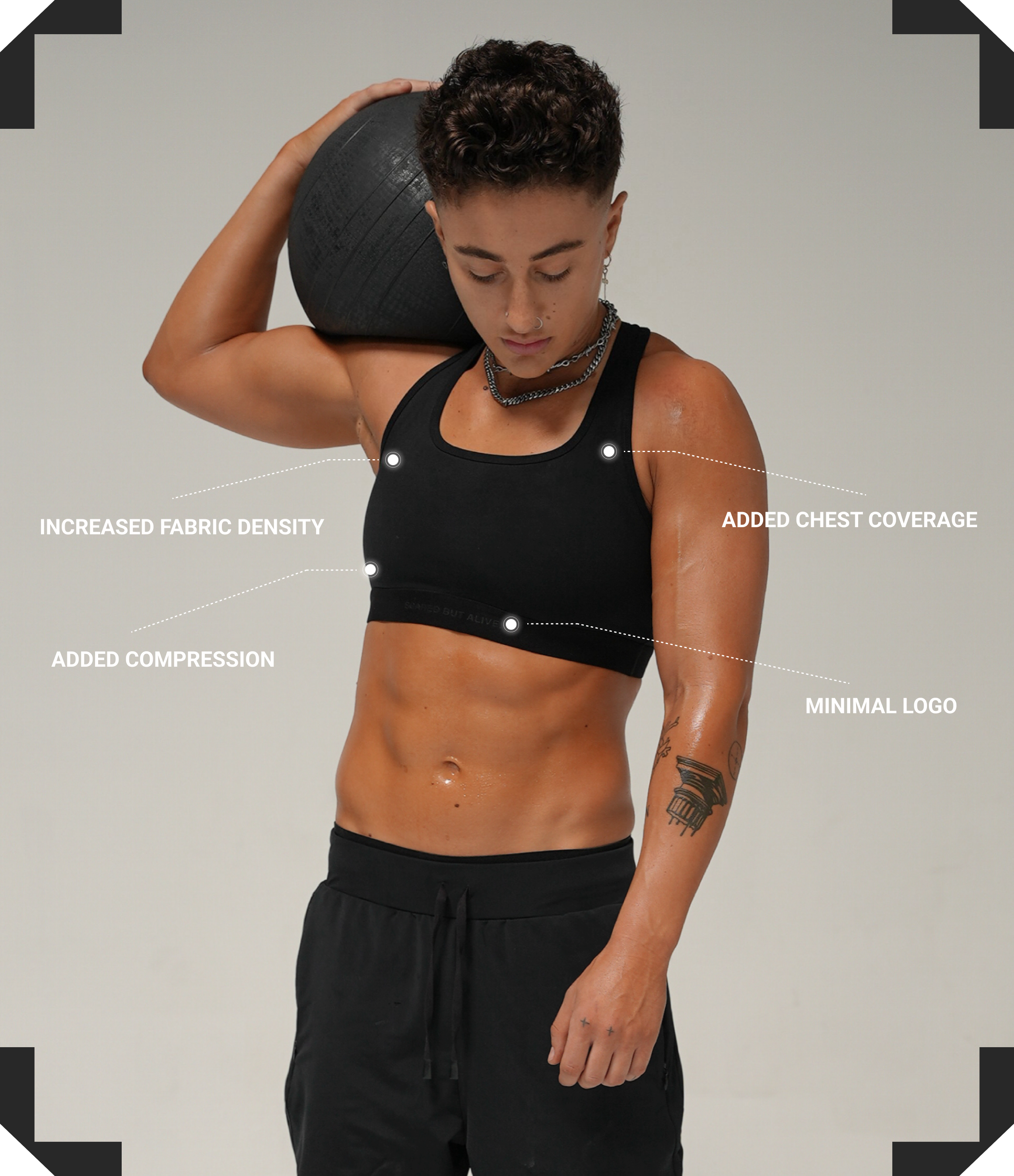 Sydney Sports Bra - front view with specs: increased fabric density, added compression, added chest coverage, minimal logo