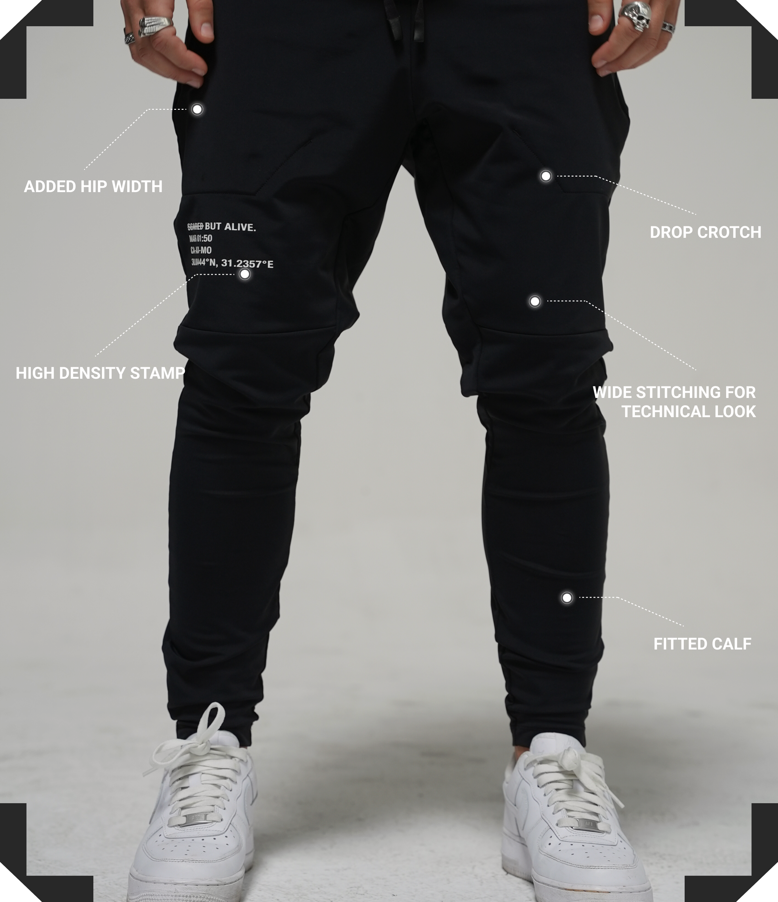 Tokyo Jogger - front view on model with specs: added hip width, high density stamp, drop crotch, wide stitching for technical look, fitted calf
