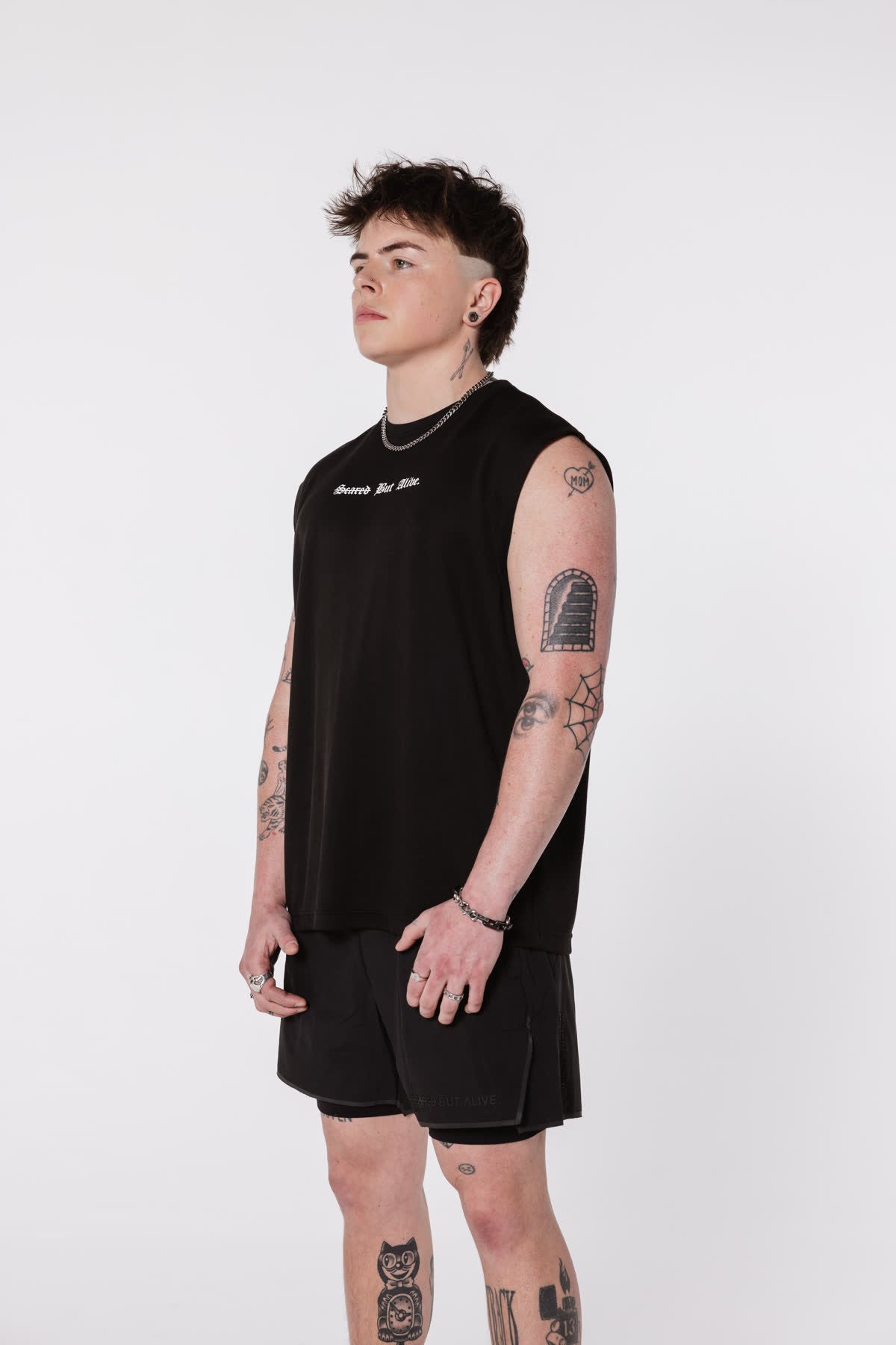 Model wearing the Scared But Alive London Tank in black