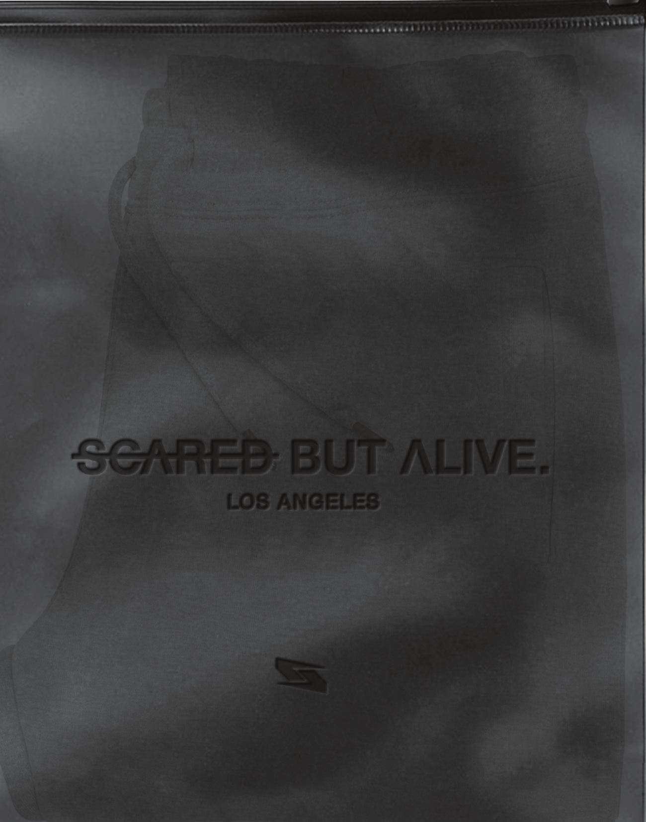 Smoky frosted TPU Scared But Alive packaging with tonal mark