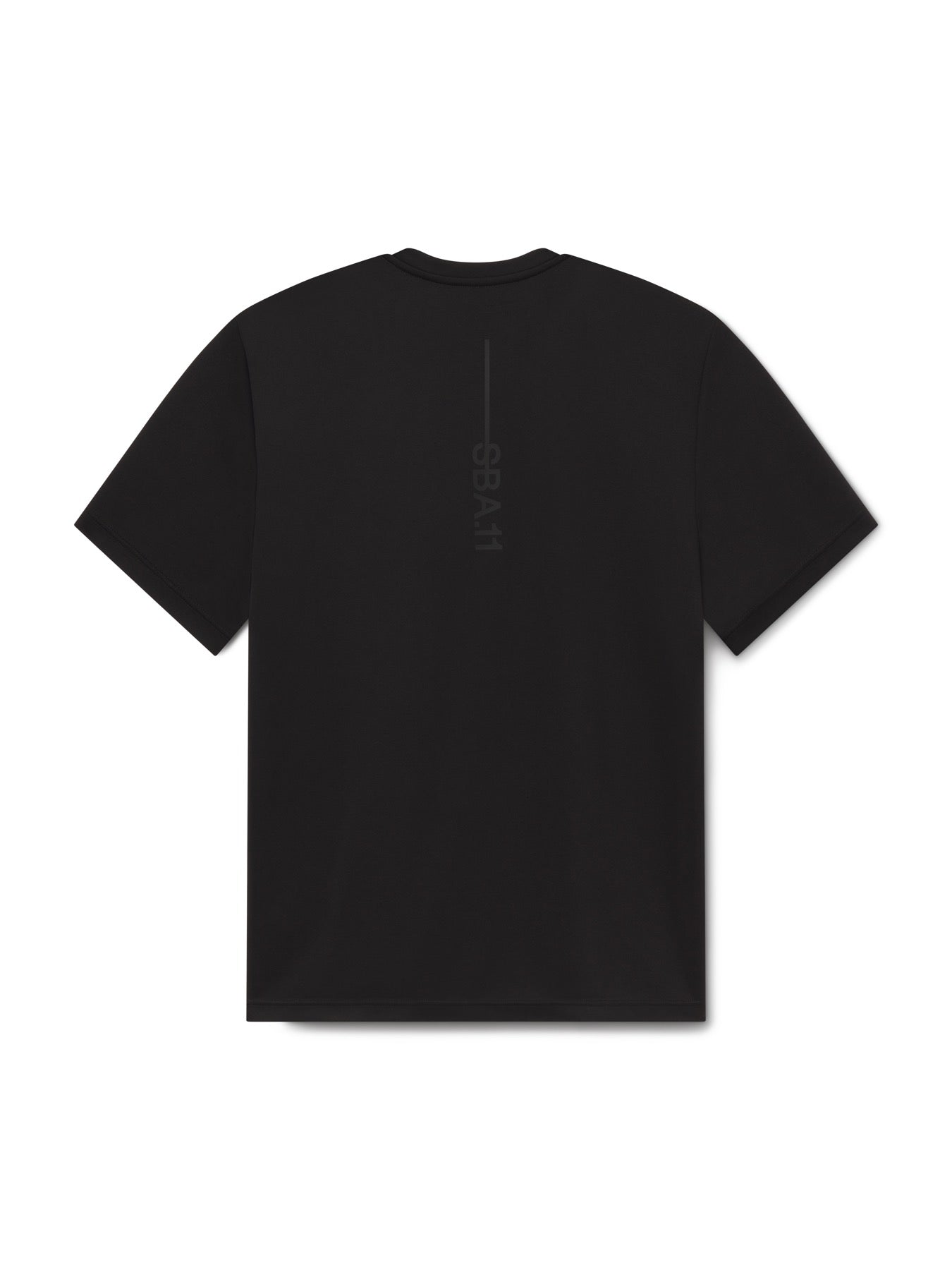 Folded black COMF+ garment showing back print and structure