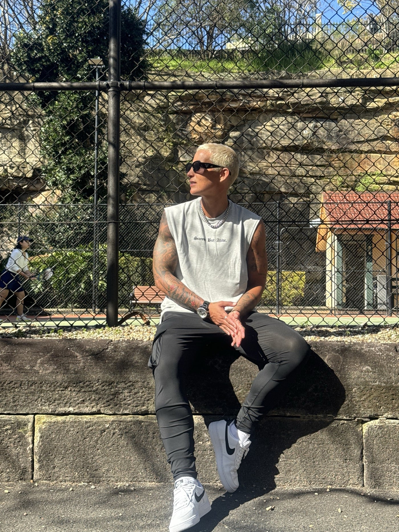 London Tank Shadow Heather worn courtside