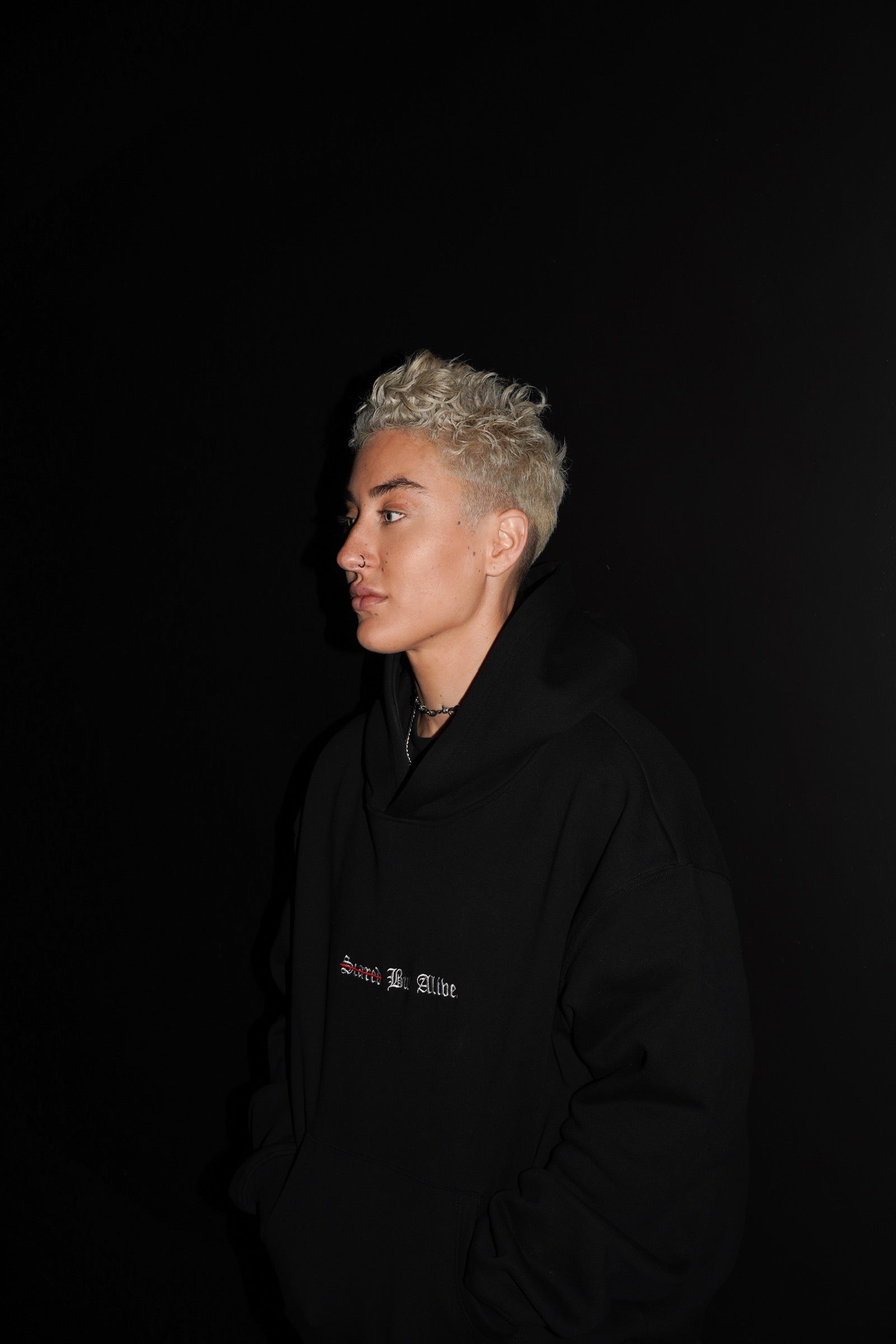 Black hoodie detail portrait