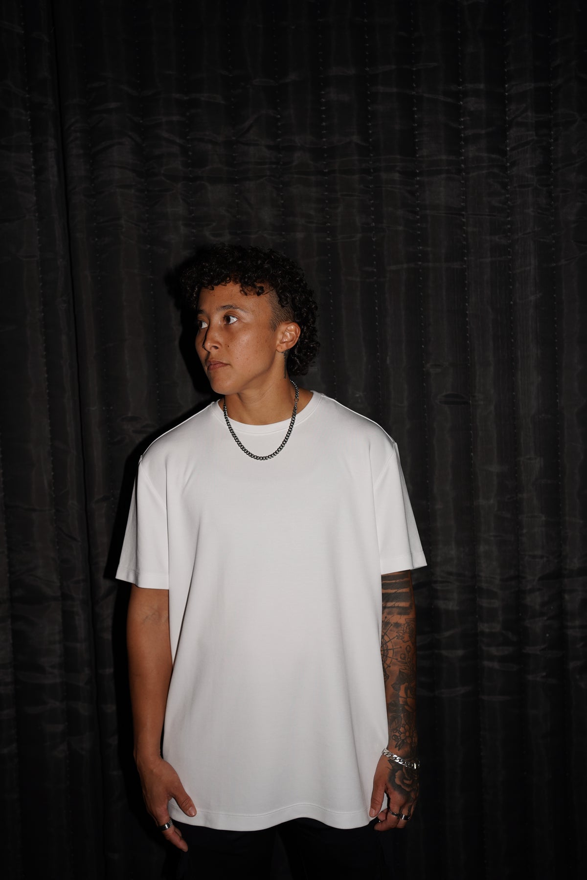 Bristol Tee White Space front fit flash photo